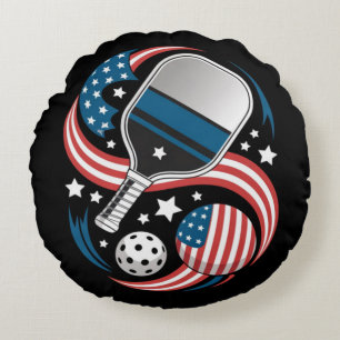 Patriottische sterren strepen USA Vlag Pickleball Rond Kussen