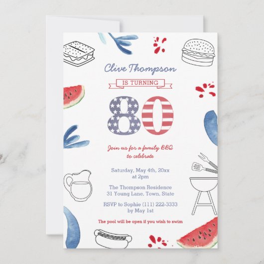 Patriottische Summer Cookout 80th Birthday Party Kaart (Voorkant)