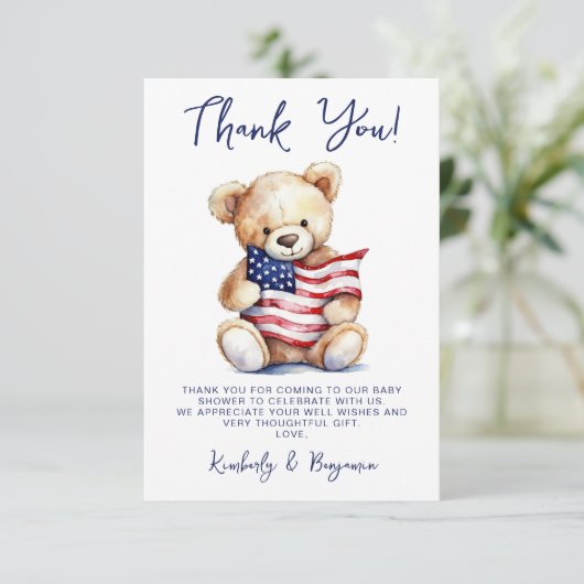 Patriottische teddybeer rood wit blauw Baby shower Bedankkaart (Staand voorkant)