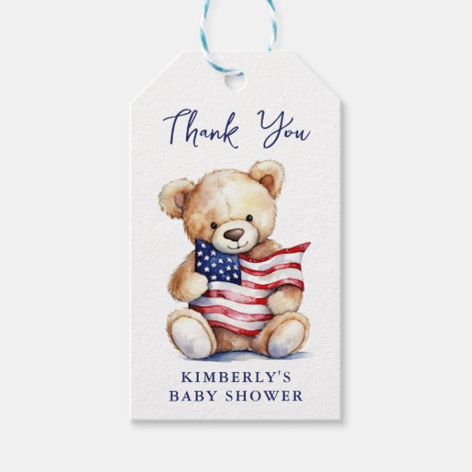 Patriottische teddybeer rood wit blauw Baby shower Cadeaulabel (Voorkant)
