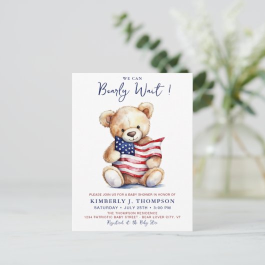 Patriottische teddybeer rood wit blauw Baby shower Uitnodiging Briefkaart (Staand voorkant)