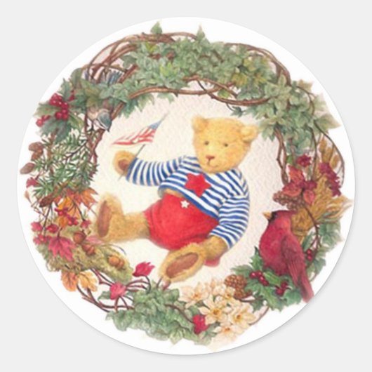 Patriottische Teddybeer vakantie krans Ronde Sticker (Voorkant)