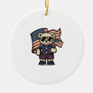 Patriottische teddybeer vintage graveer shirt ontw keramisch ornament