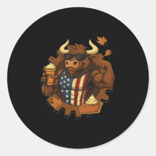 Patriottische Thanksgiving Stier Grappige Pompoen Ronde Sticker