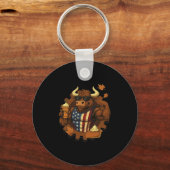 Patriottische Thanksgiving Stier Grappige Pompoen Sleutelhanger (Voorkant)