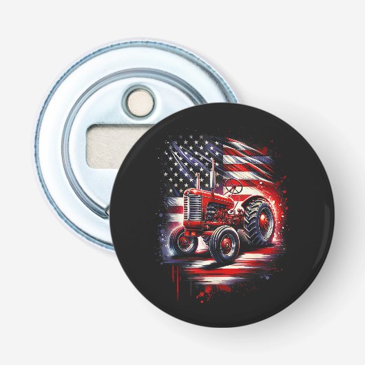 Patriottische Tractor 4 juli Amerikaanse Vlag Boer Button Flesopener (Voorkant)