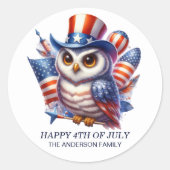 Patriottische Uil Top Hoed Rood Wit Blauw 4 juli Ronde Sticker (Voorkant)