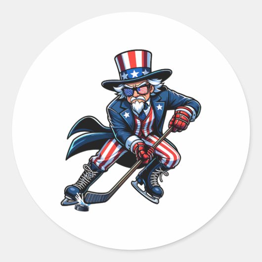 Patriottische Uncle Sam Hockey speler 4 juli Manne Ronde Sticker (Voorkant)
