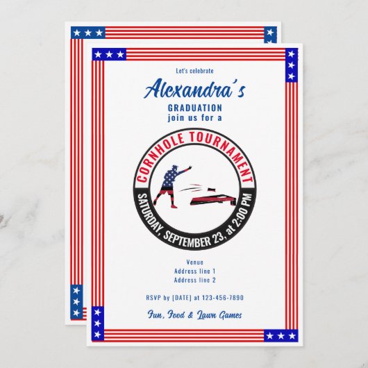 Patriottische US Sack Toss Cornhole Graduation Par Kaart (Voorkant / Achterkant)