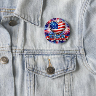 Patriottische USA Hart Knop – Amerikaanse Vlag  Ronde Button 5,7 Cm