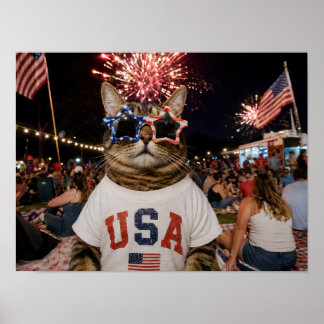 Patriottische USA kat in sterren zonnebril 4 juli Poster