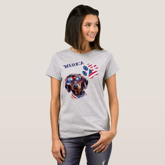 Patriottische USA Vlag Poot Print Dachshund Hond T-shirt (Voorkant volledig)