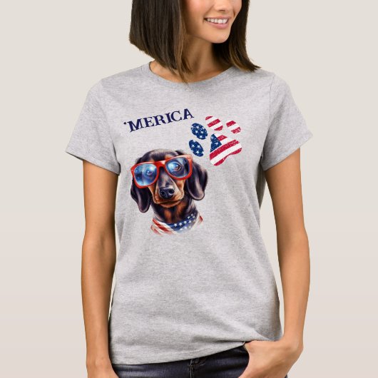 Patriottische USA Vlag Poot Print Dachshund Hond T-shirt (Voorkant)