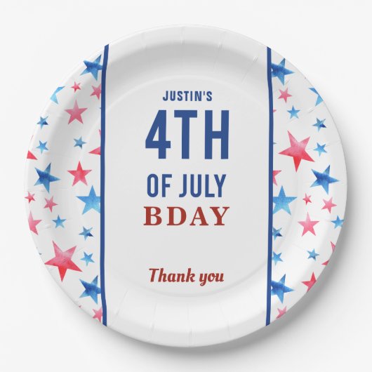 Patriottische verjaardag 4 juli Rode Blauwe Stars Papieren Bordje (Voorkant)