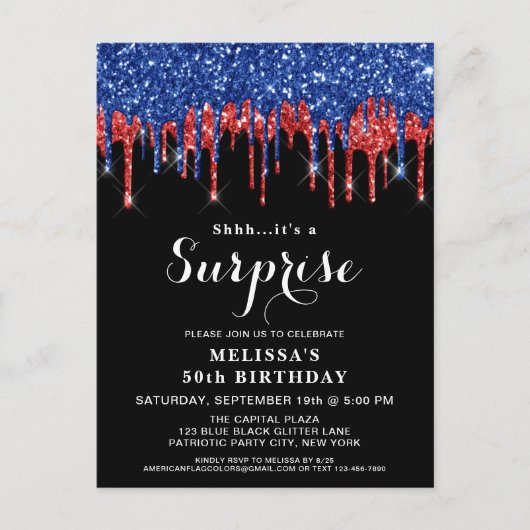 Patriottische verjaardag Rode Blauwe Glitter Surpr Uitnodiging Briefkaart (Voorkant)