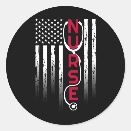 Patriottische verpleegster met vlag stethoscoop vo ronde sticker (Voorkant)