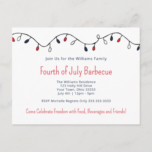 Patriottische Vierde Juli Barbecue String Lights Uitnodiging Briefkaart (Voorkant)