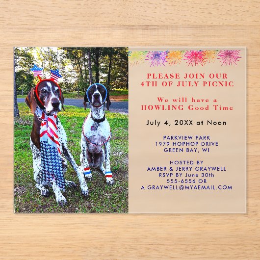 Patriottische viering picknickfeest honden 4 juli acryl uitnodigingen (Voorkant)