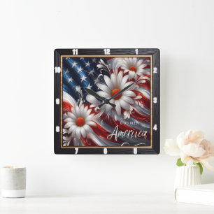 Patriottische vlag Daisies decoratief Vierkante Klok
