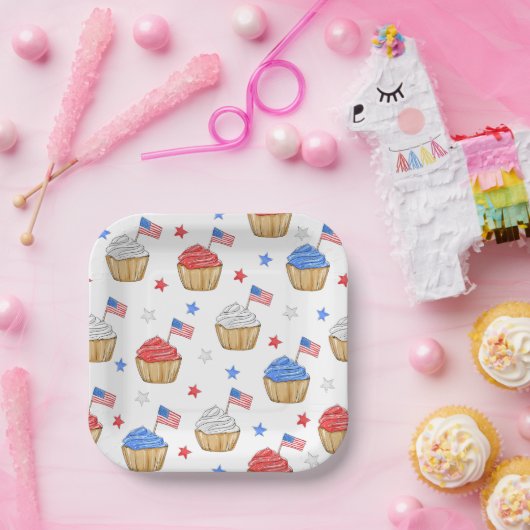 Patriottische Vlag Ster Cupcakes Rood Wit Blauw Papieren Bordje (Feest)