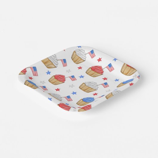 Patriottische Vlag Ster Cupcakes Rood Wit Blauw Papieren Bordje (Gebogen)