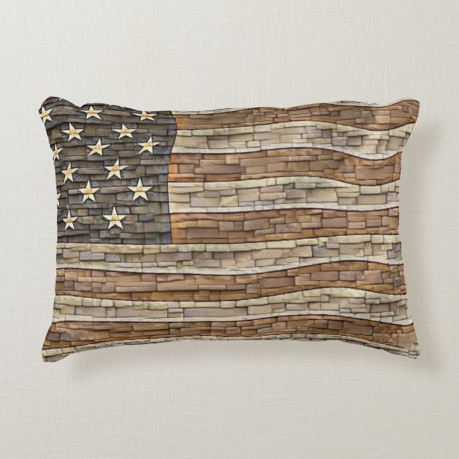  Patriottische Vlag van de VS op stenen muur Accent Kussen (Voorkant)