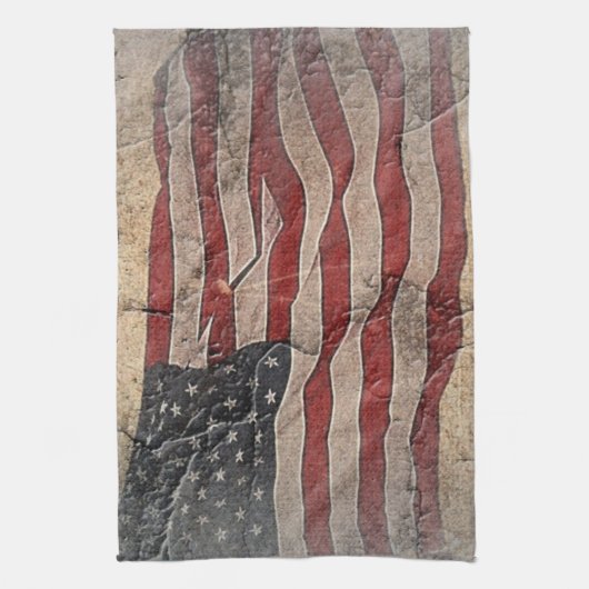  Patriottische Vlag van de VS op stenen muur Theedoek (Verticaal)