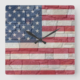  Patriottische Vlag van de VS op stenen muur Vierkante Klok