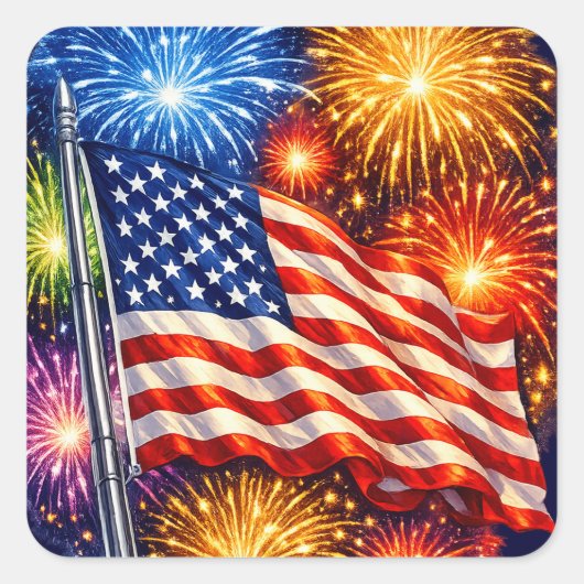 Patriottische Vlag Vuurwerk Vierkante Sticker (Voorkant)