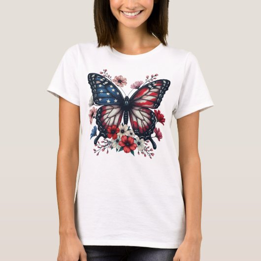 Patriottische vlinder 4 juli Floral USA Vlag T-shirt (Voorkant)