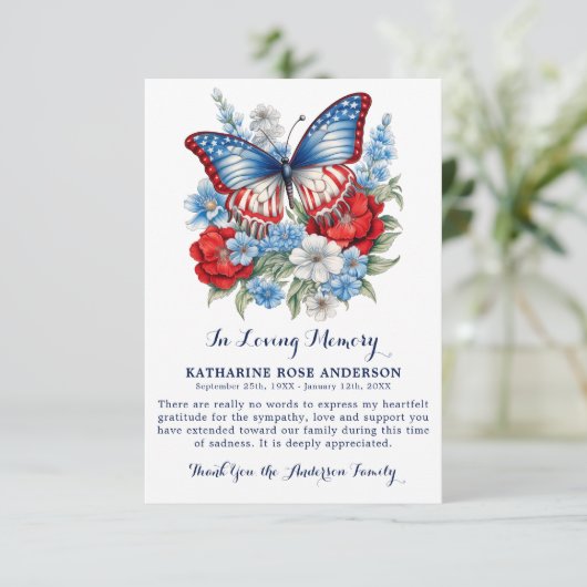 Patriottische Vlinder Bloemen Modern Uitvaartmonum Bedankkaart (Staand voorkant)