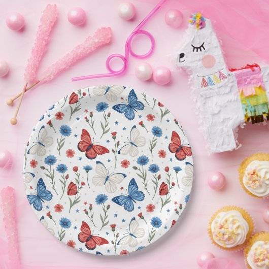 Patriottische vlinder en bloemenpatroon papieren bordje (Feest)