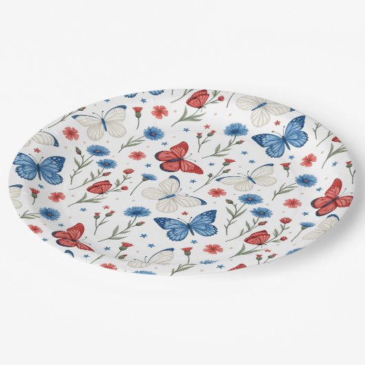 Patriottische vlinder en bloemenpatroon papieren bordje (Gekanteld)