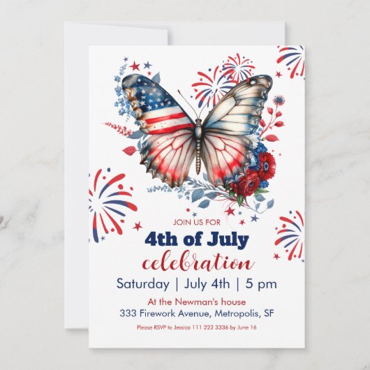 Patriottische vlinder en vuurwerk op 4 juli kaart (Voorkant)