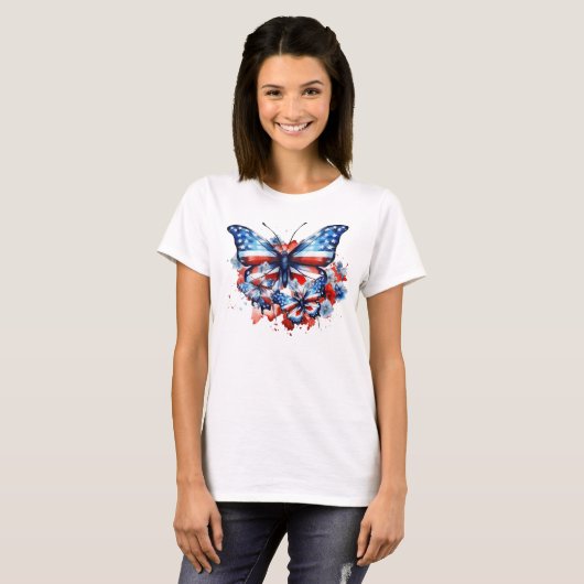 Patriottische Vlinders, rood, wit en blauw T-shirt (Voorkant volledig)