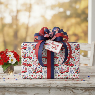 Patriottische vrachtwagen en vuurwerkpatroon cadeaupapier