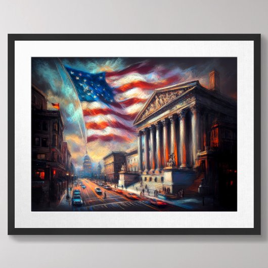 Patriottische VS vlag over City Scene Amerika Poster