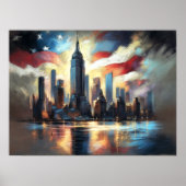 Patriottische VS Vlag Over City Skyline Amerika Poster (Voorkant)