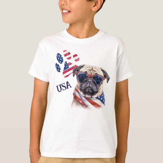 Patriottische VS Vlag Pauw Print Pug Dog T-shirt (Voorkant)