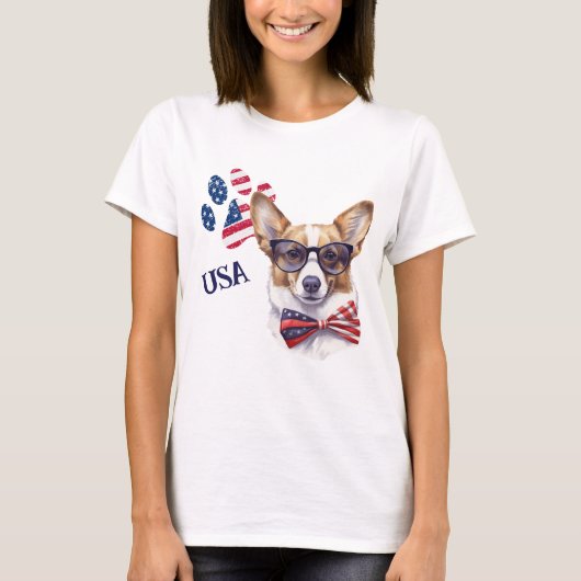 Patriottische VS Vlag Poot Print Corgi Hond T-shirt (Voorkant)