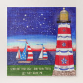 Patriottische vuurtoren en zeilboten Inspirerend Legpuzzel (Verticaal)