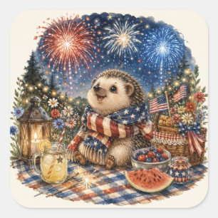 Patriottische Vuurwerk Egel Watercolor Kunst Vierkante Sticker