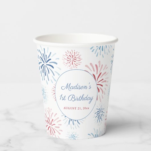 Patriottische vuurwerker zomer 1e verjaardag papieren bekers (Achterkant)