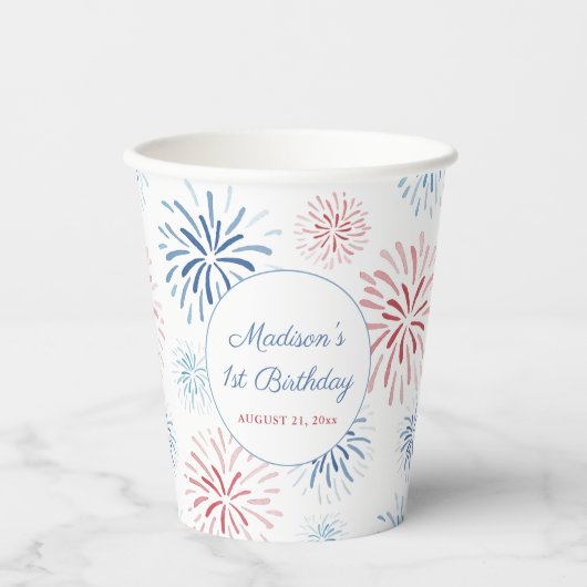 Patriottische vuurwerker zomer 1e verjaardag papieren bekers (Voorkant)