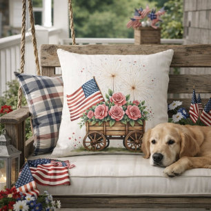 Patriottische Wagen Met Rozen en Vuurwerk American Buitenkussen
