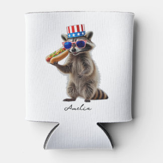 Patriottische wasbeer met hotdog, grappig blikjeskoeler