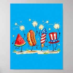 Patriottische Watermeloen Hotdog Vuurwerk Schattig Poster