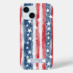 Patriottische Waterverf Stars and Stripes Monogram iPhone 15 Case