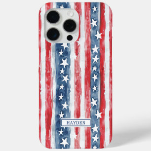 Patriottische Waterverf Stars and Stripes Monogram iPhone 15 Pro Max Hoesje