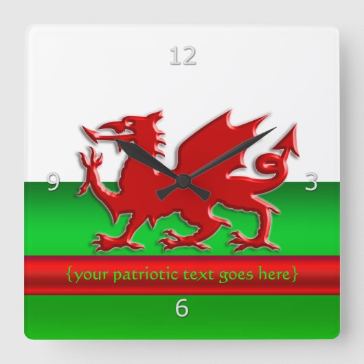 Patriottische Welsh Flag, in reliëf gemaakt, drake Vierkante Klok (Voorkant)